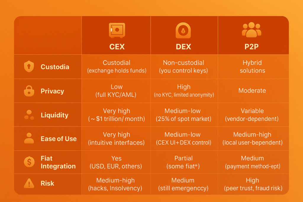 Vergleichstabelle der zentralisierten, dezentralisierten, hybriden und Peer-to-Peer Kryptowährungsbörsen