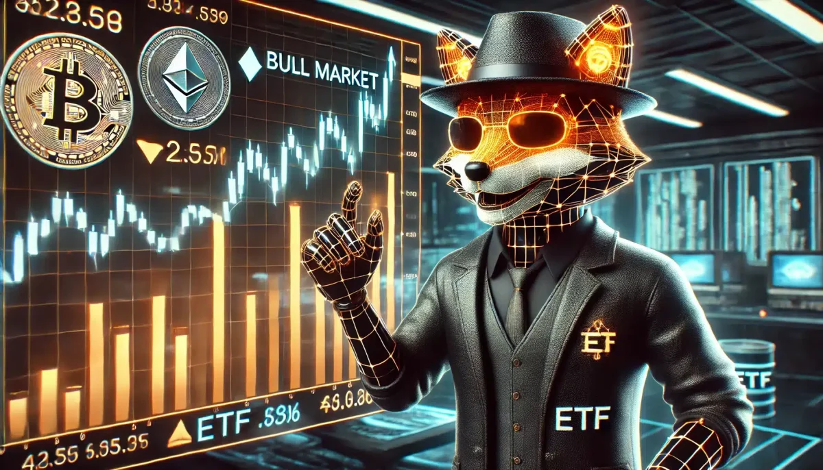 Illustration of a cryptocurrency Exchange-Traded Fund (ETF) graph with Bitcoin and Ethereum icons, symbolizing growth and adoption during a bull market.