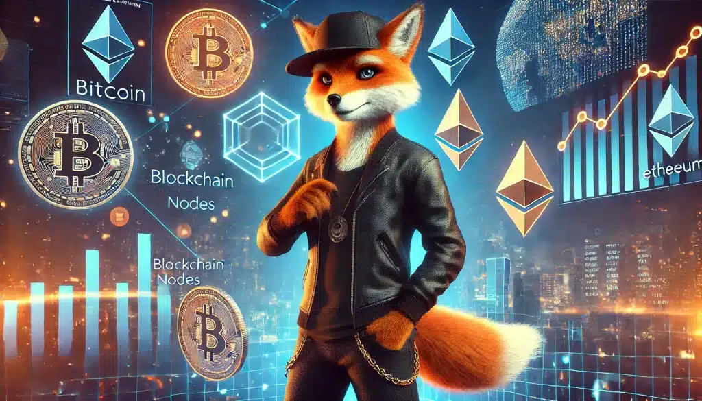 Futuristic 3D-rendered fox-man in a black hat, jacket, and pants, standing in front of a glowing digital chart with cryptocurrency symbols like Bitcoin and Ethereum that rappresent Crypto craze the future of money management. The cyberpunk-inspired background features a high-tech cityscape with neon blue and orange lighting, symbolizing blockchain technology and the future of digital finance.
