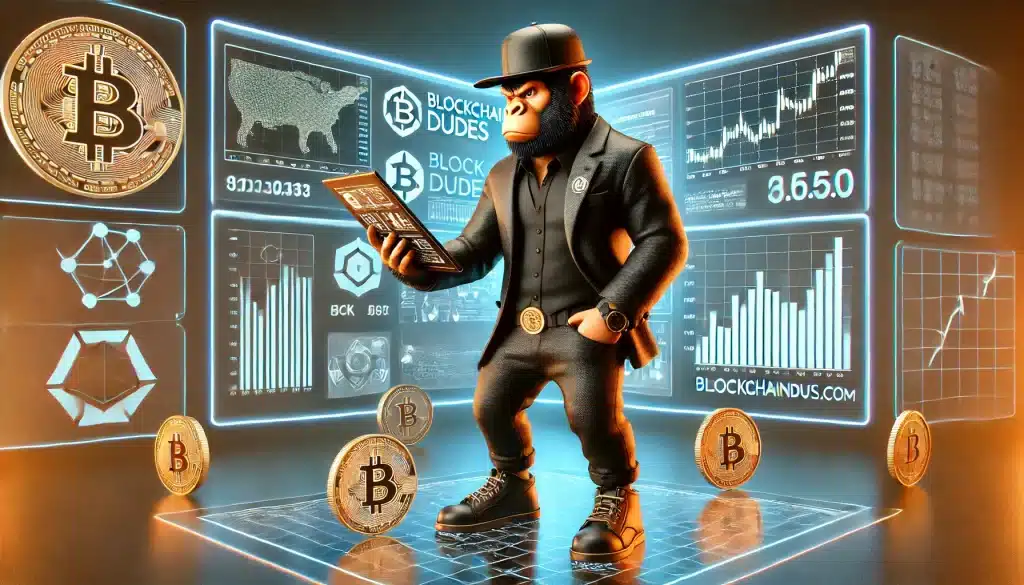A 3D-rendered gorilla-man with an orange hue with Promising NFT Projects, dressed in a black hat, black jacket, and black pants, analyzing digital cryptocurrency data. The scene reflects a blockchain-themed concept, aligning with the topic of crypto trading.
