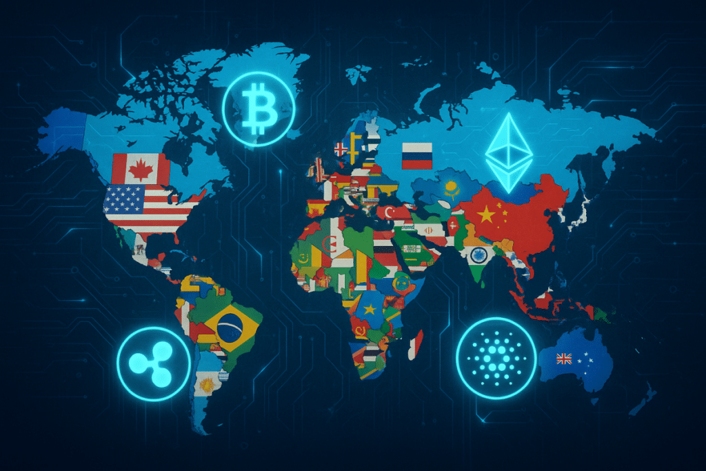 World map showing global crypto regulations 2025