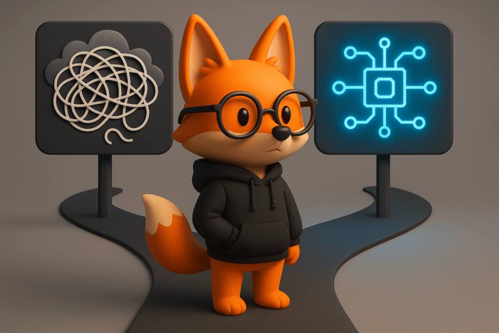 AI and blockchain scalability and privacy challenges illustrated with fox mascot