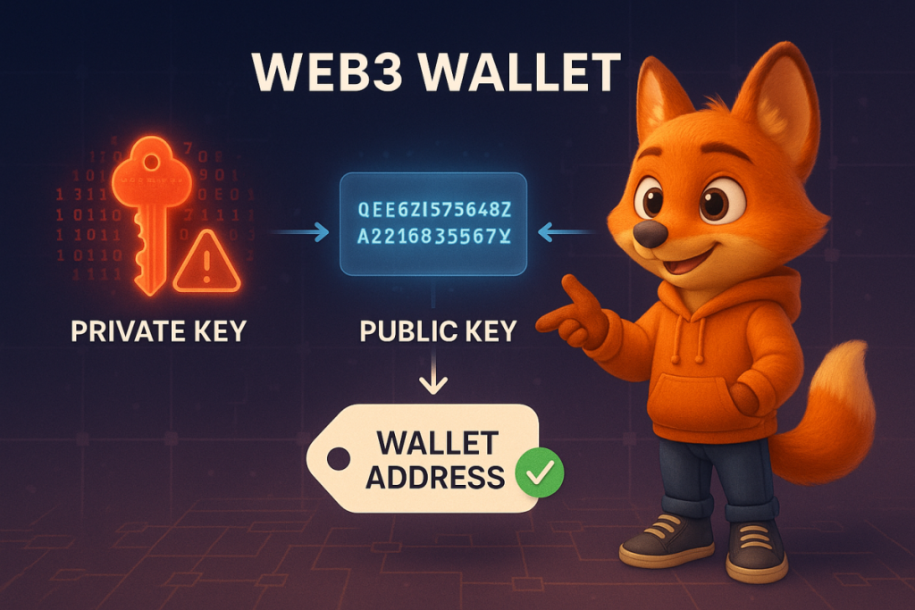 Zorro naranja 3D que explica la clave privada, la clave pública y la dirección de la billetera en un diagrama de billetera Web3