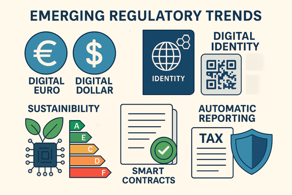 Illustration of global crypto regulation trends in 2025, including CBDCs, digital IDs, tax automation, smart contract auditing, and sustainability policies