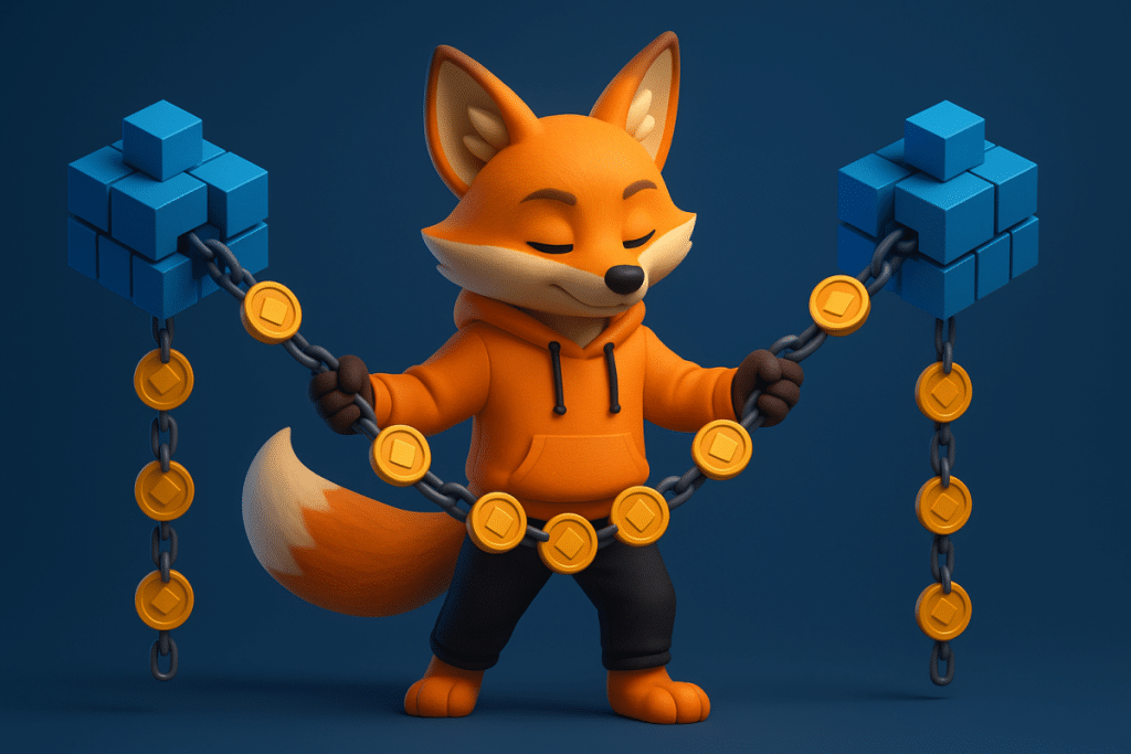 Ilustración digital 3D de un zorro naranja que conecta dos blockchains con cadenas de tokens: metáfora visual de la interoperabilidad del puente blockchain