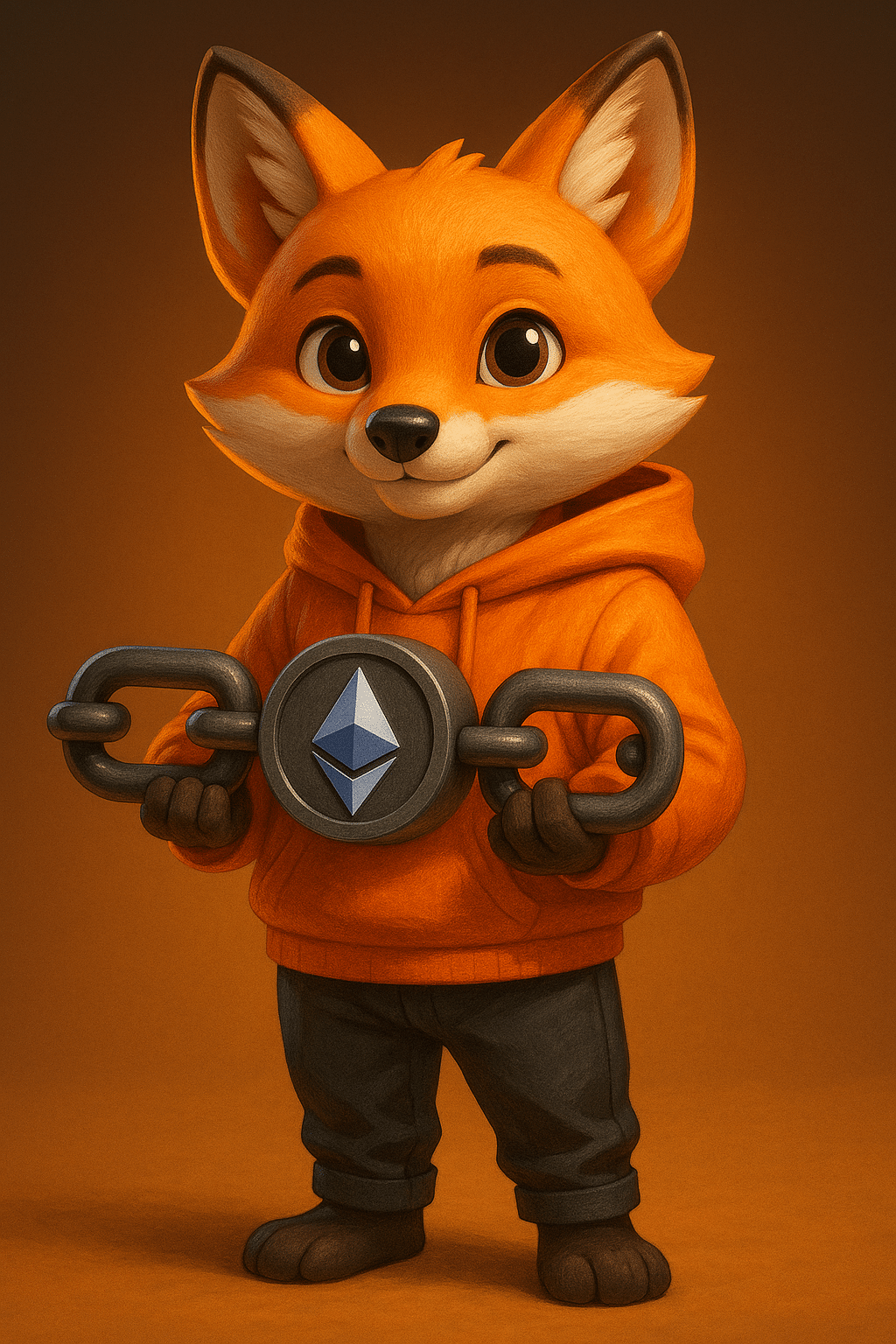 3D digital illustration of an orange fox wearing a hoodie and black pants, holding a chain segment with the Ethereum logo, representing a blockchain rollup concept.
