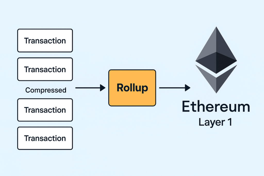Diagramma che illustra cos'è un rollup: più transazioni di livello 2 vengono compresse in un unico batch e inviate a livello 1 di Ethereum per la convalida.