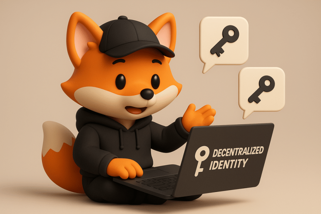 Orange fox explaining decentralized identity on laptop