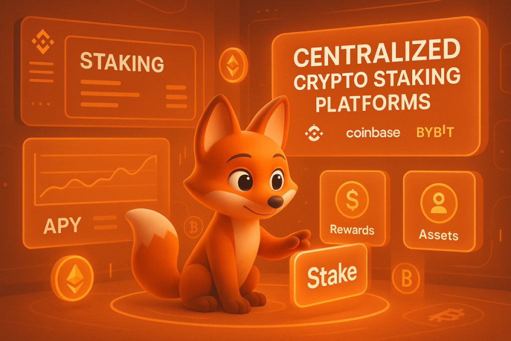 a fox using centralized crypto staking platforms with floating dashboards and staking icons – Binance, Coinbase, Bybit