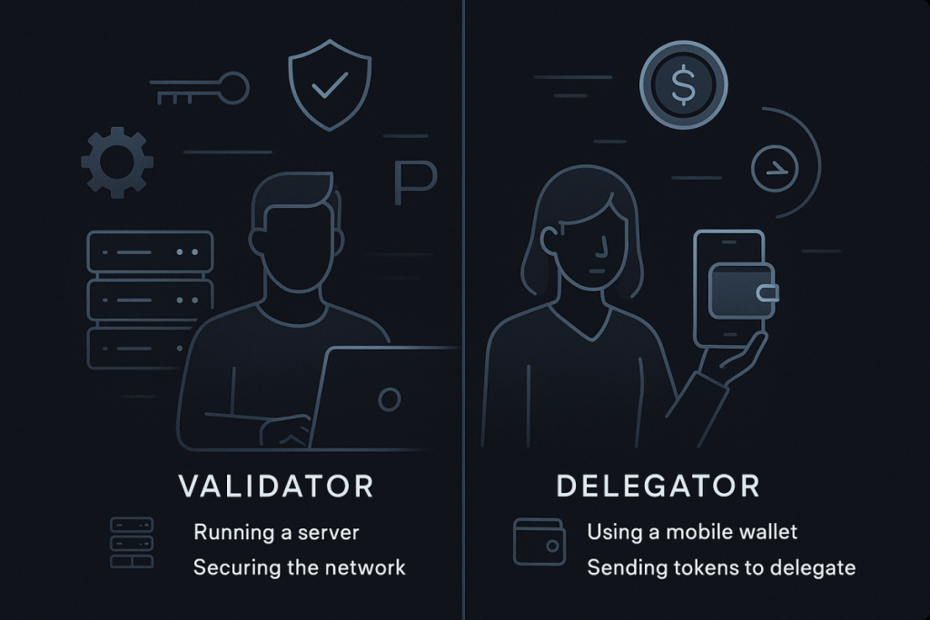 Abbildung zum Vergleich der Validator- und Delegator-Rollen in einer Proof-of-Stake-Blockchain