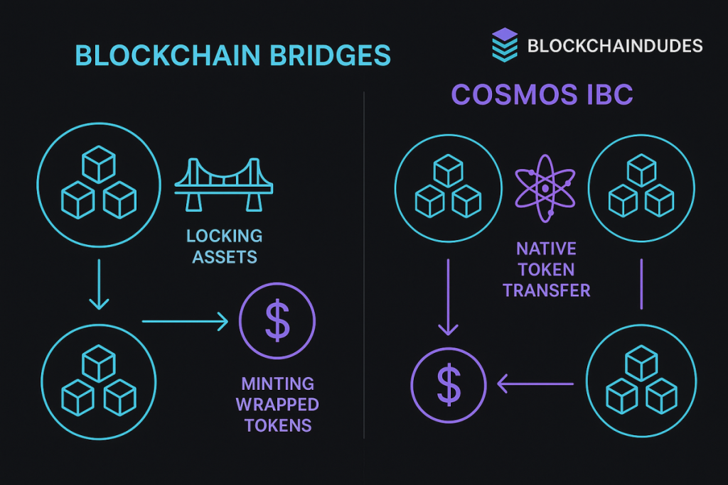 Visual comparison of blockchain bridges and Cosmos IBC interoperability in Web3 mechanism
