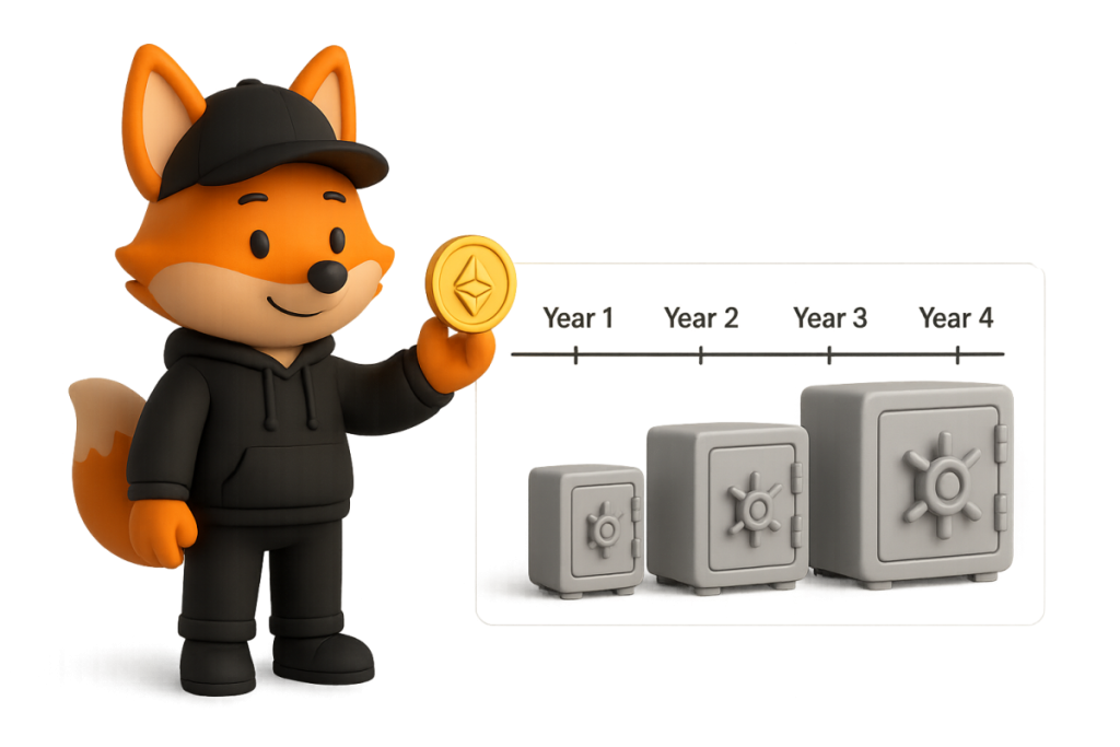 visual timeline of 4-year token vesting schedule with cliff and gradual unlocks