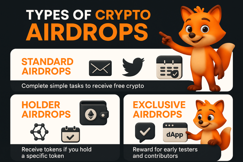 Infographic showing types of crypto airdrops with an orange 3D fox and labels for standard, holder, and exclusive airdrops