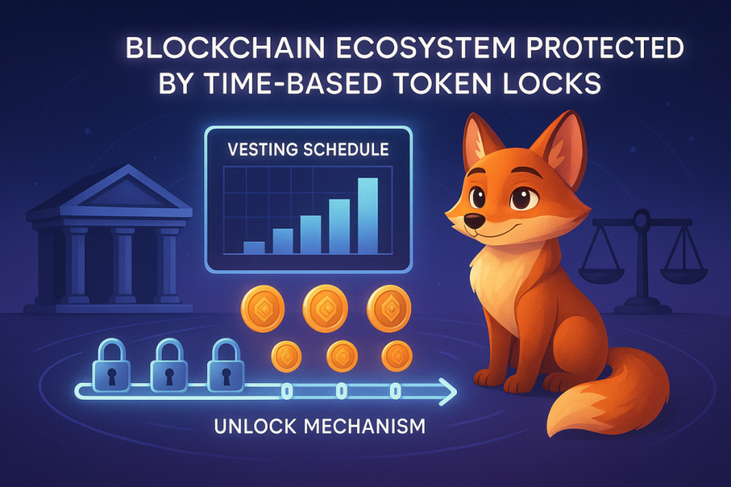 3D orange cartoon fox explaining blockchain token vesting and trust-building through time-locked token release  
