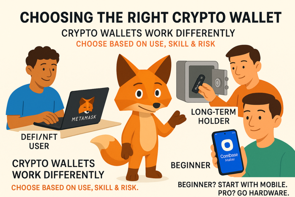 Illustration showing how crypto wallets work for DeFi users, long-term holders, and beginners, featuring a 3D orange Disney-style fox