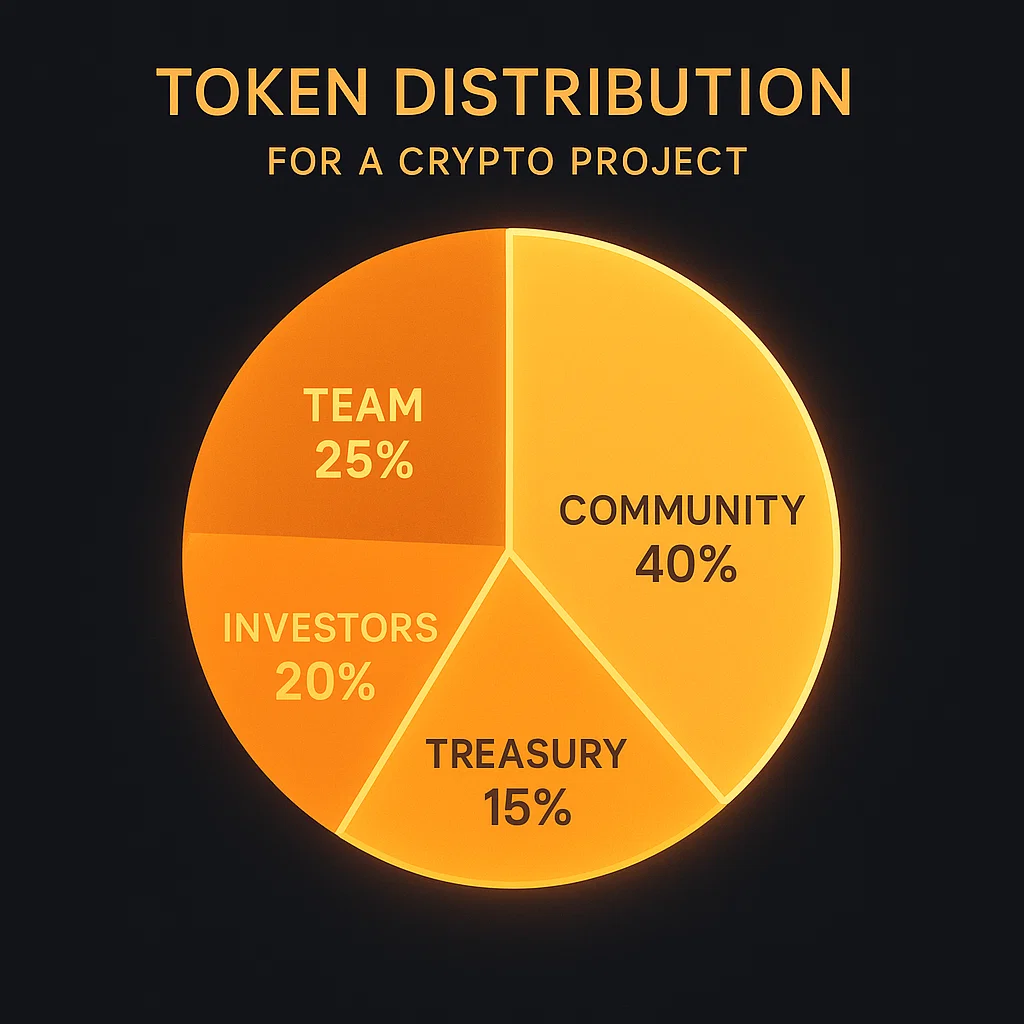 Token allocation pie chart – team, community and investor shares