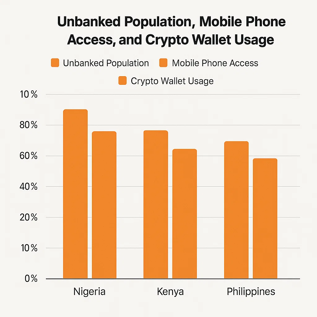 Гистограмма, показывающая, как криптовалюта влияет на развивающуюся экономику с помощью показателей небанковских, мобильных и криптокошельков
