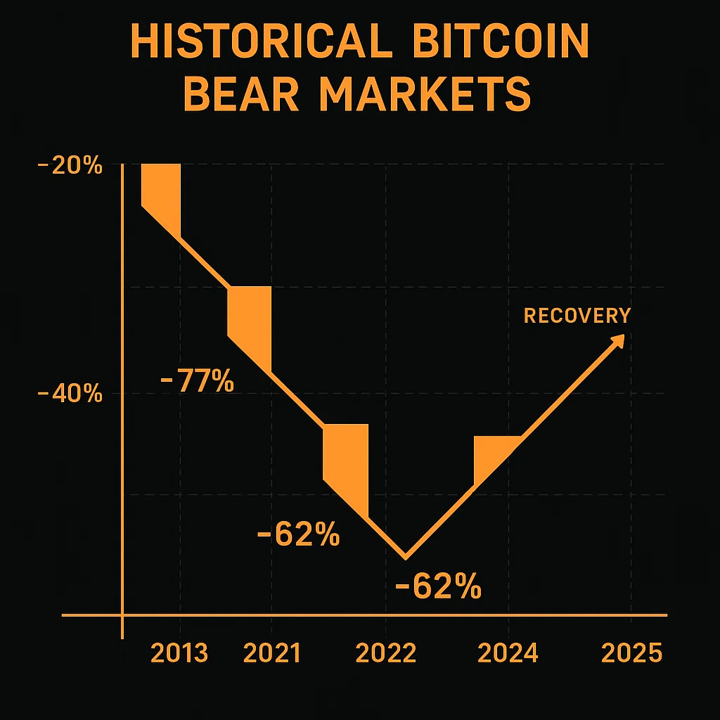 Historical chart of Bitcoin price drops and recovery during each Crypto Bear Market