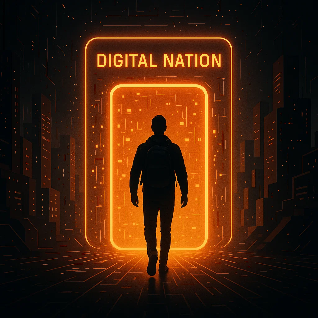 Der Aufstieg digitaler Nationen wird als eine Person visualisiert, die eine futuristische Blockchain-Welt betritt