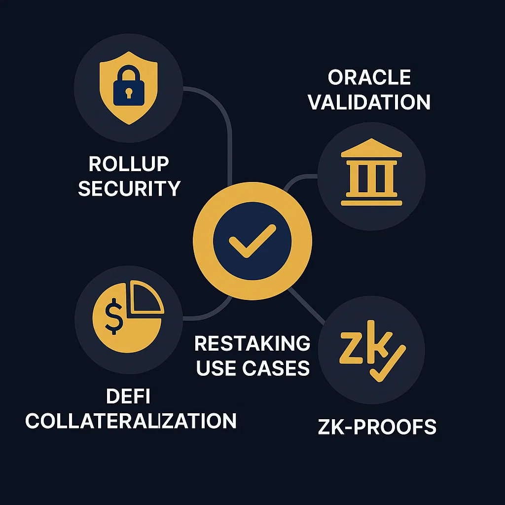 Visual map of restaking use cases: rollups, oracles, DeFi collateral