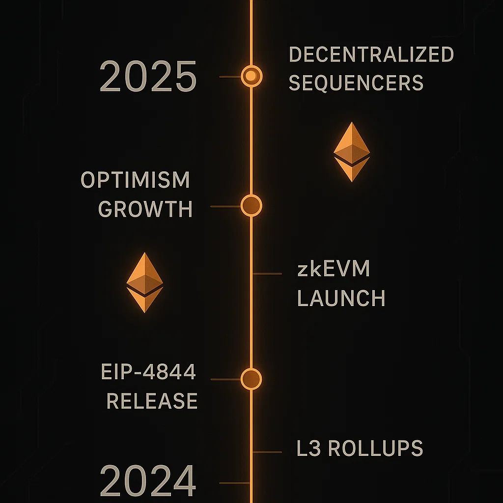 Timeline showing Layer 2 advancements from 2023 to 2025 including EIP-4844 and L3 developments