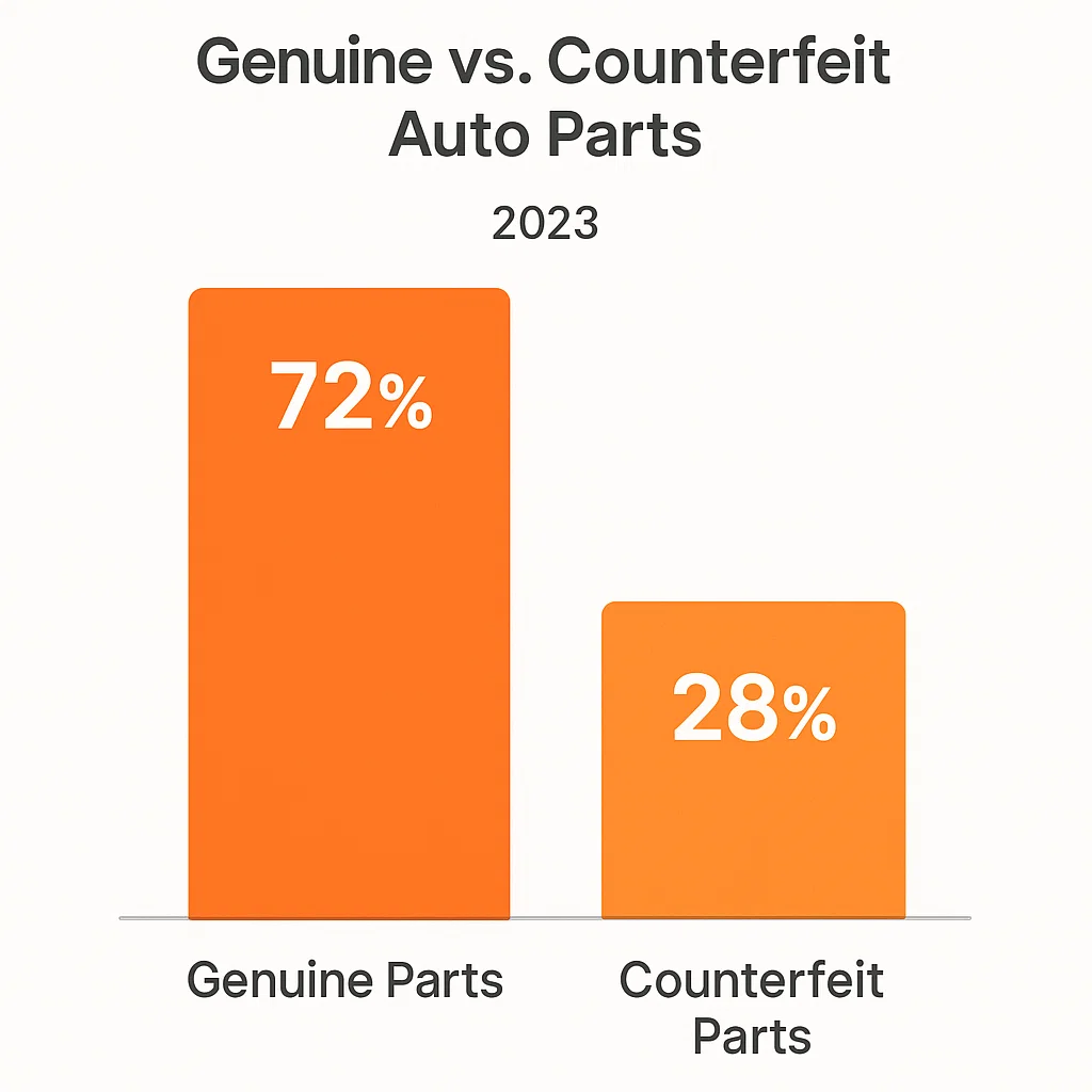 Bar chart comparing genuine and counterfeit auto parts market share 2023