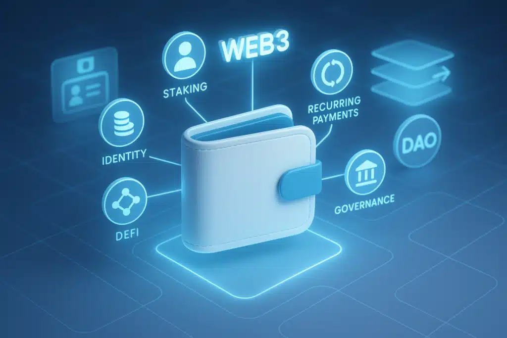 Illustration showing a smart wallet automating staking, payments, and digital identity in a Web3 ecosystem using Account Abstraction