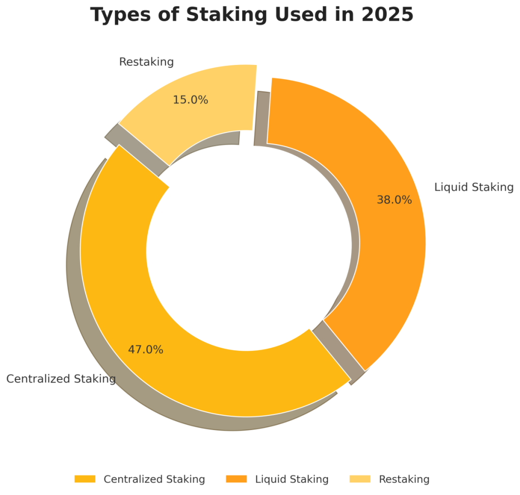 Playful pie chart showing Crypto Staking Platforms distribution in 2025 – centralized, liquid, restaking