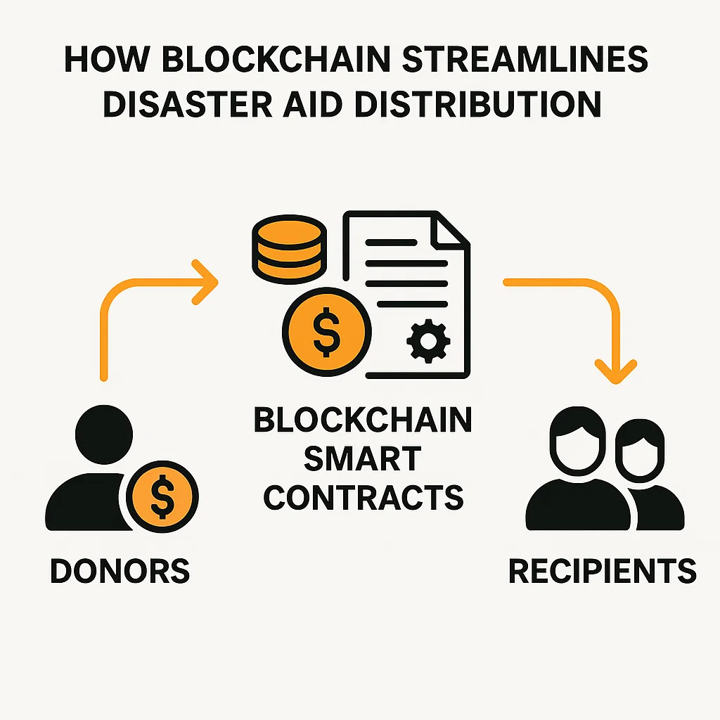 Flowchart showing how Blockchain in Disaster Relief distributes funds transparently from donors to recipients