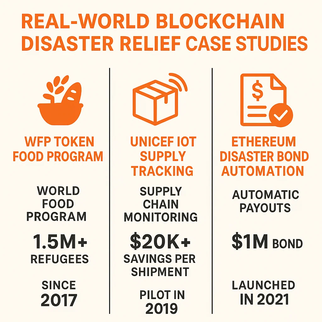 Infographic summarizing three case studies of Blockchain in Disaster Relief from WFP, UNICEF, and Ethereum