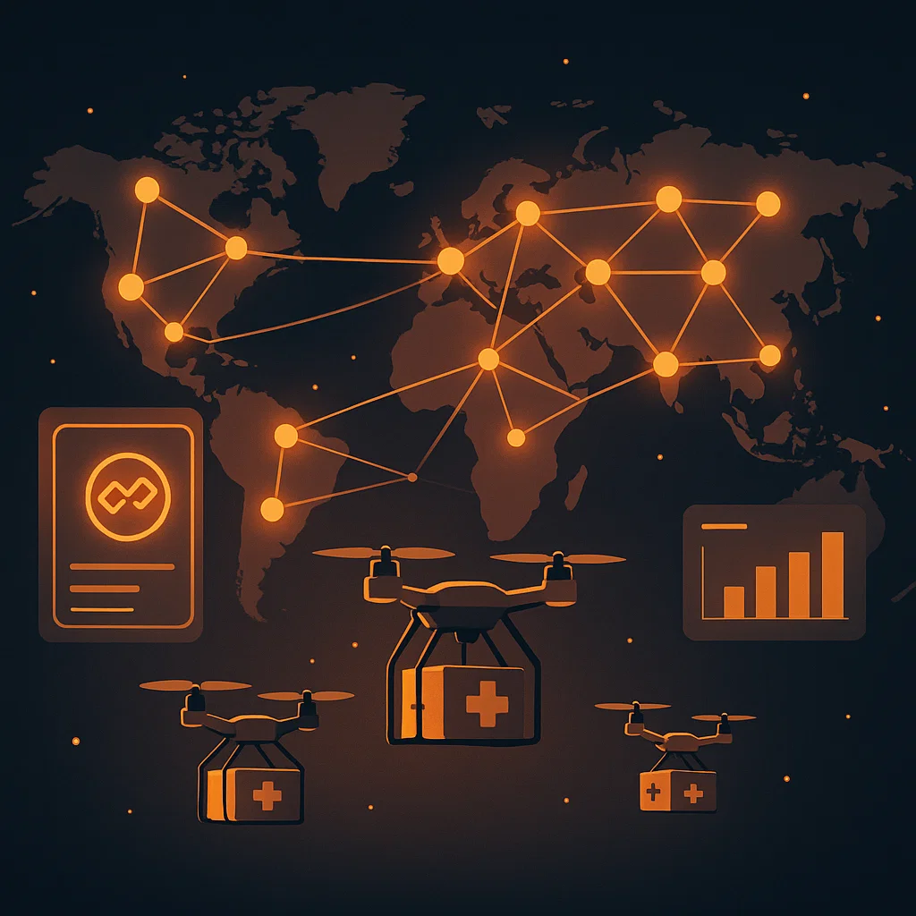 Concept art representing the future of disaster relief using blockchain, drones, and decentralized platforms