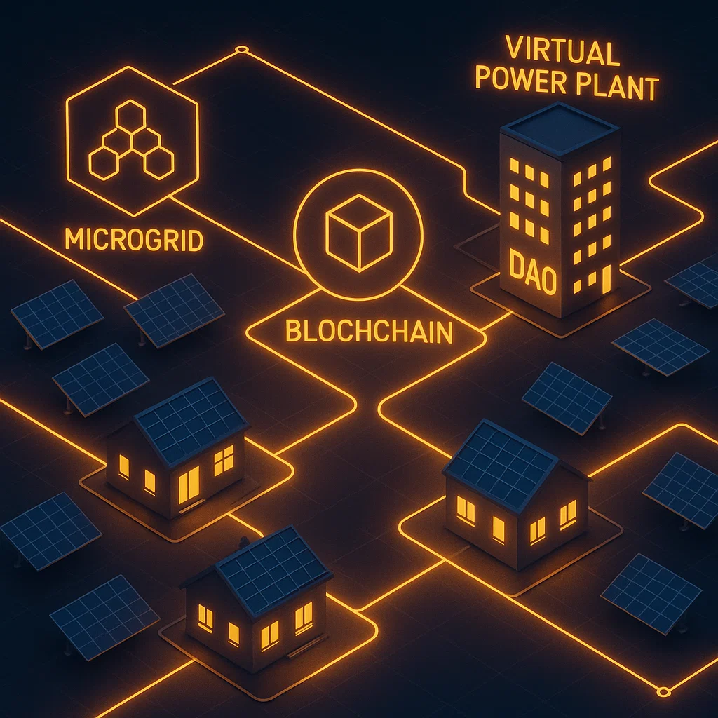 Illustration of community-based microgrids and virtual power plants managed by blockchain