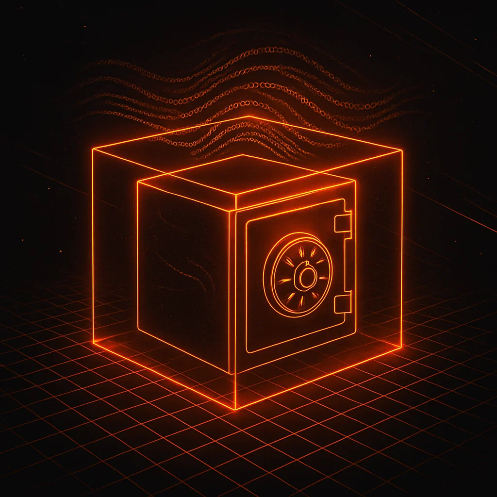 Illustration des Hardware-Wallet-Konzepts mit Krypto-Tresor und leuchtendem Seed-Phrase-Schutz