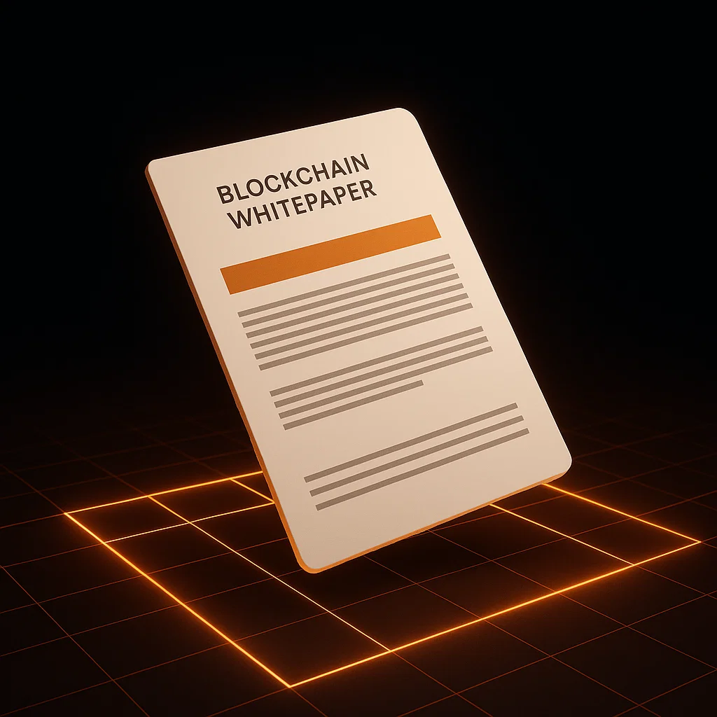 Illustration of a blockchain whitepaper over a digital crypto grid