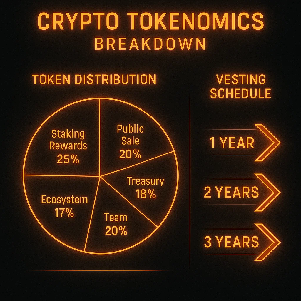 Infographic showing tokenomics model with distribution and vesting flows