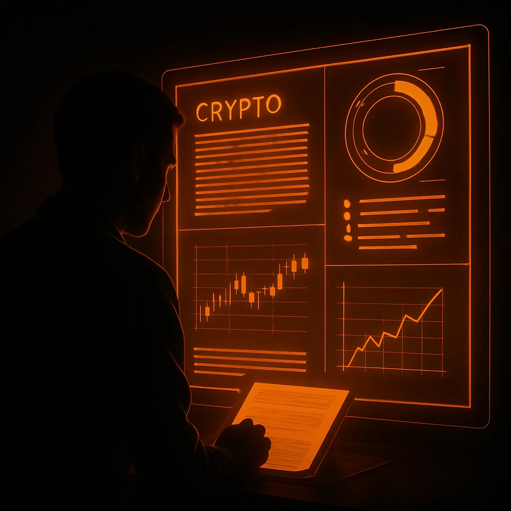 Person analyzing a whitepaper on screen in a dark, crypto-themed workspace