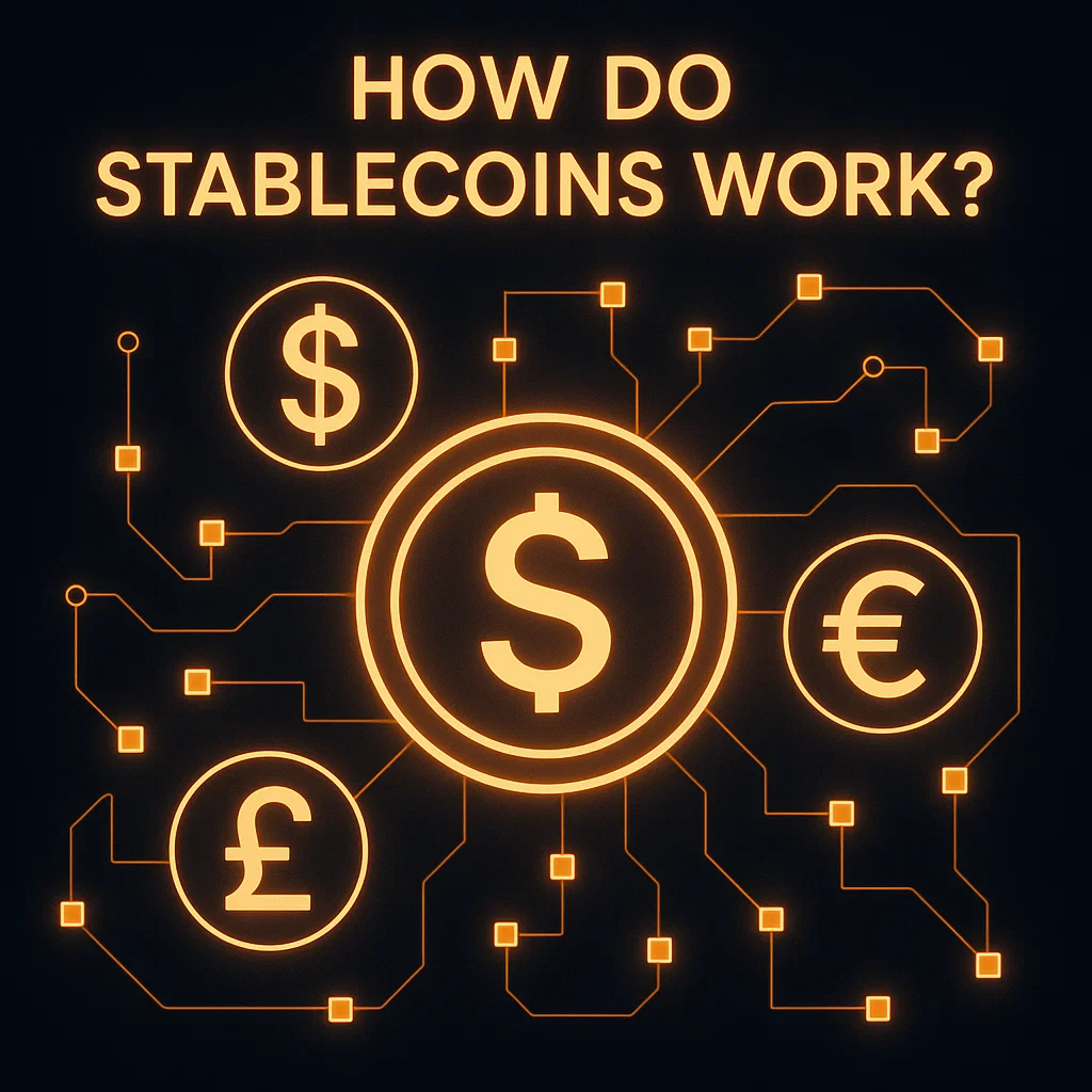 Ilustración de monedas estables que unen el dinero fiduciario y las redes blockchain