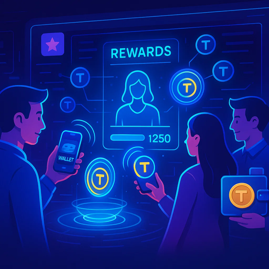 Ilustración de programas de fidelización impulsados ​​por blockchain que utilizan recompensas tokenizadas y avatares de clientes en un ecosistema digital

