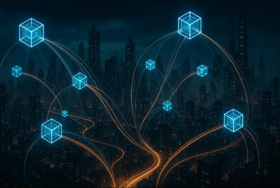Futuristic blockchain city visualizing the evolution of staking into Restaking Derivatives