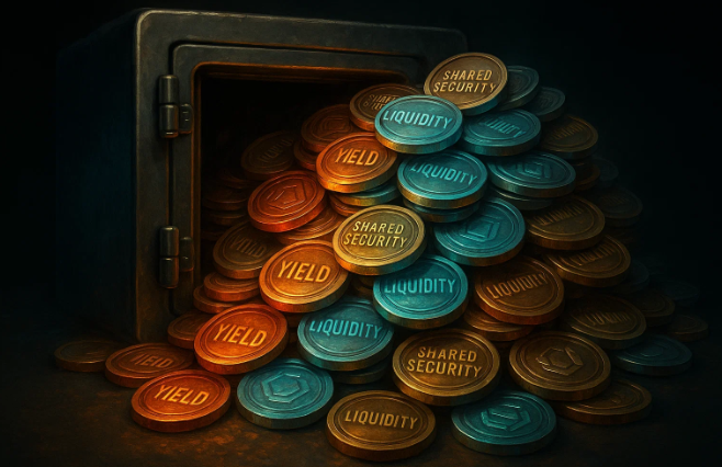 Digital vault filled with tokens representing the layered yield of Restaking Derivatives